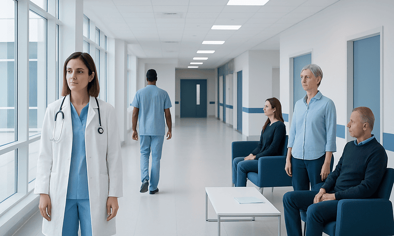 Medical consultation in a modern hospital corridor with healthcare professionals and patients.