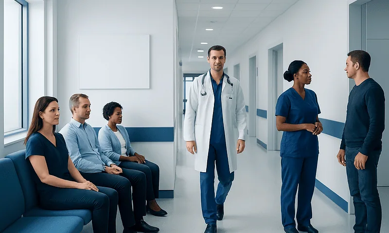 Medical team in hospital corridor with patients waiting.
