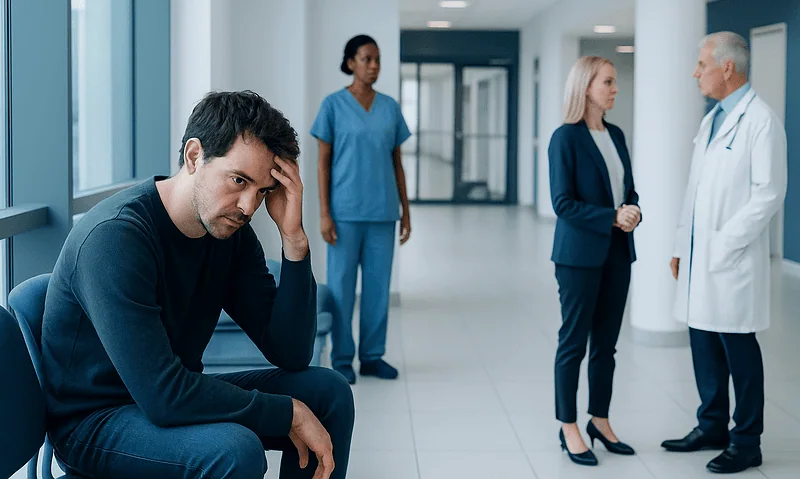 Young man experiencing stress in a hospital corridor with medical staff nearby.