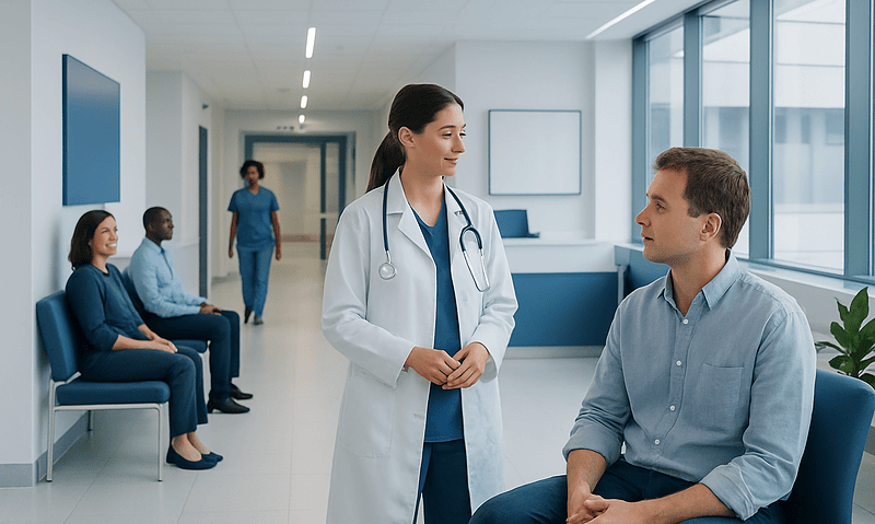 Doctor consulting a patient in a modern hospital corridor.