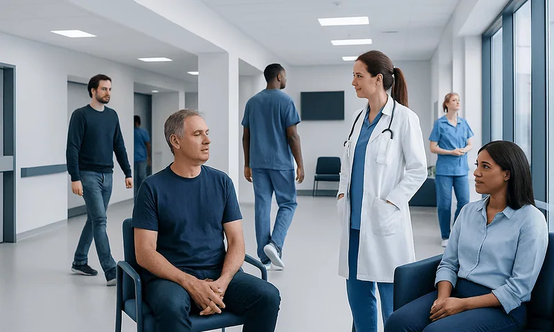 Medical consultation in a modern hospital with healthcare professionals and patients.