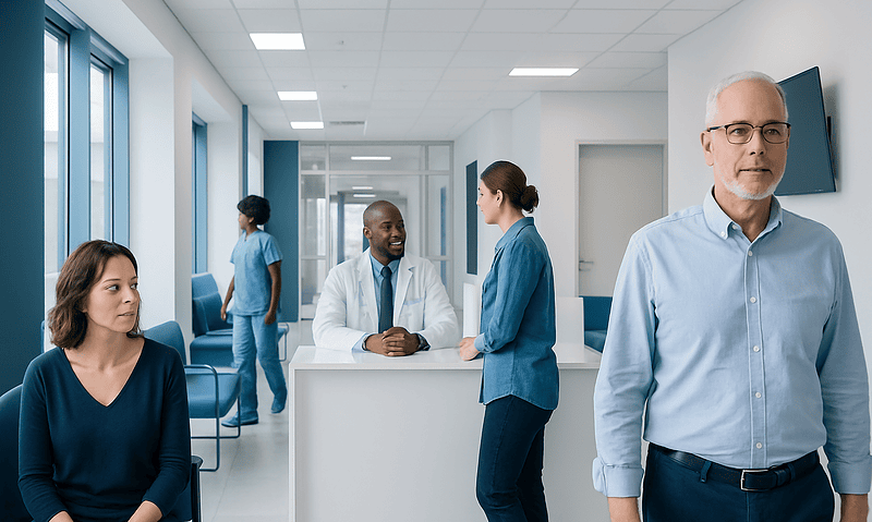 Medical team consulting in a modern hospital corridor with patients and staff.