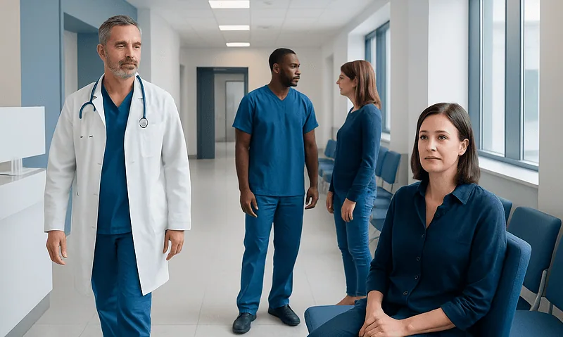Medical team in hospital corridor with doctor and patients.
