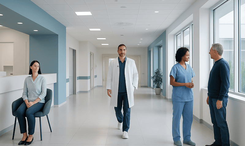 Modern hospital corridor with medical staff and patient in a healthcare setting.