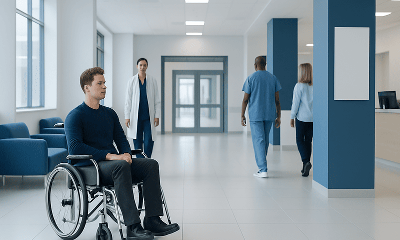 Patient in wheelchair in hospital corridor with medical staff nearby.