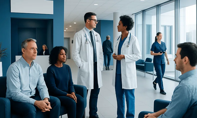 Medical team consulting patients in a modern hospital corridor.