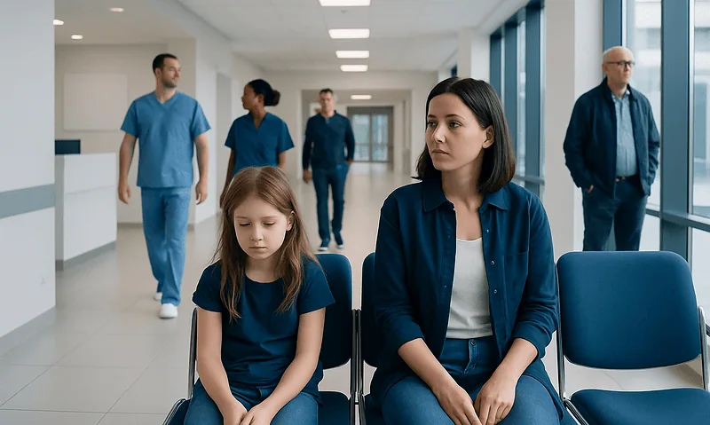 Waiting area in a hospital with patients and staff present.