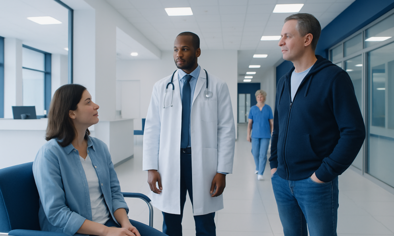 Doctor consulting with a patient and visitor in a hospital corridor.