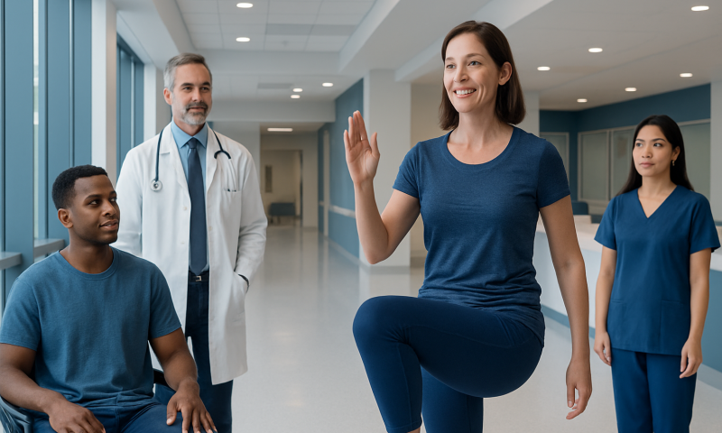 Woman performing aerobic exercise with medical staff in hospital corridor.