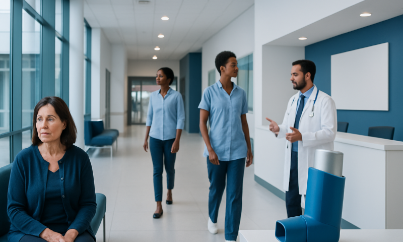 Hospital corridor with medical staff and patient in waiting area.