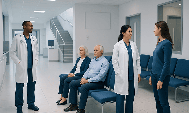 Doctors consulting with elderly patients in a hospital corridor.
