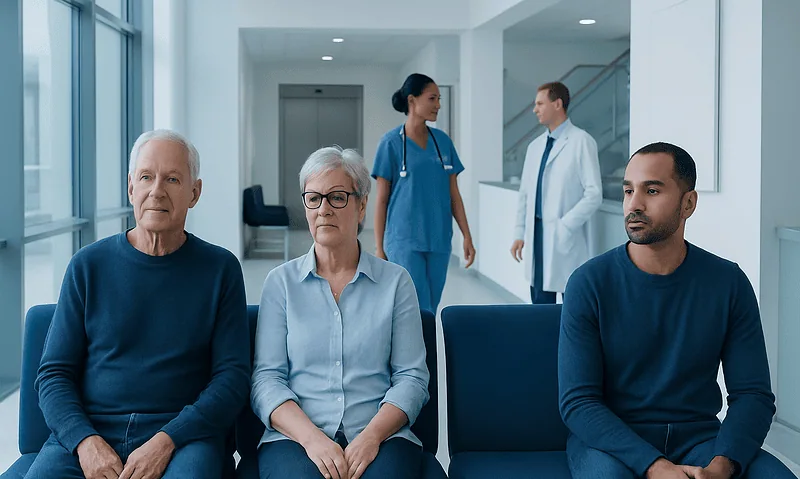 Patients waiting in a hospital corridor with medical staff nearby.