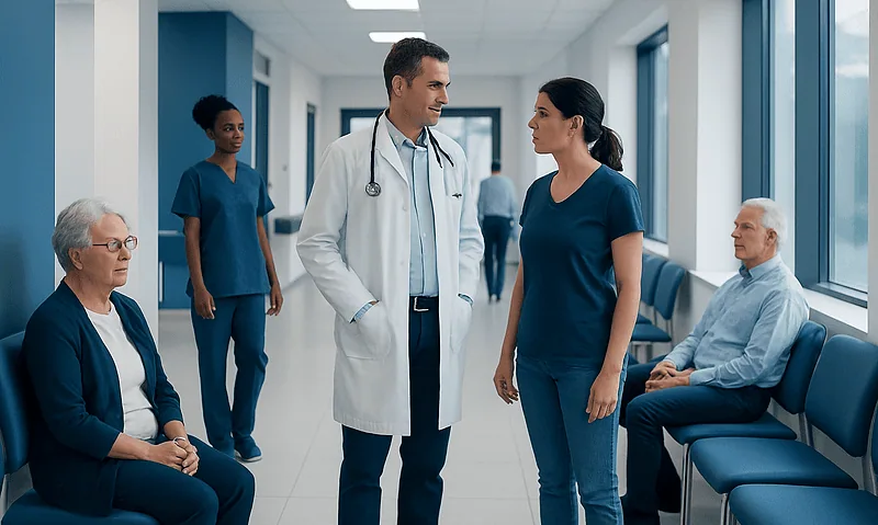 Medical team consulting with patients in hospital corridor.