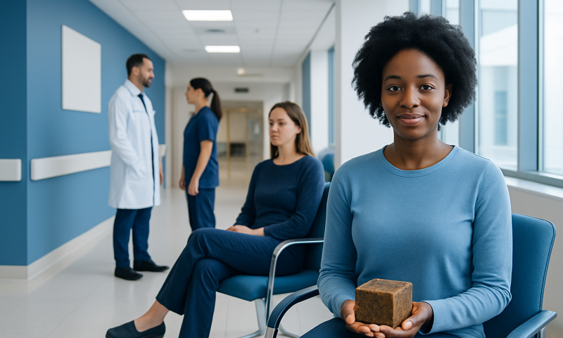 Patient holding a brown soap bar in a hospital corridor.
