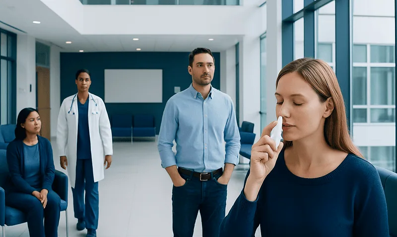 Woman using nasal spray in a hospital setting with medical staff nearby.