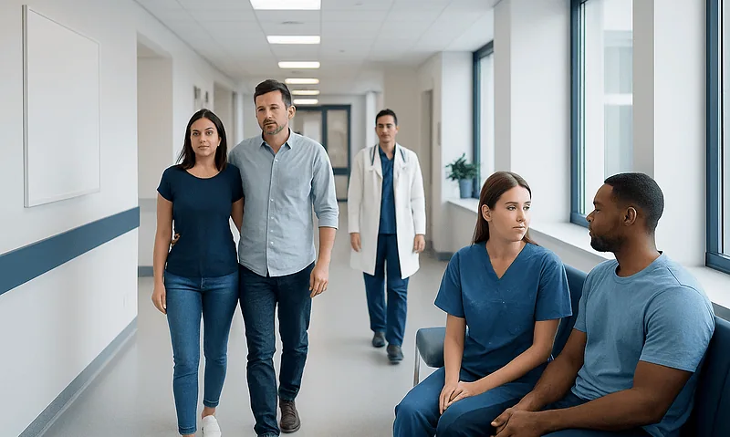 Medical team and patients in a hospital corridor at Acibadem Hospitals Group.