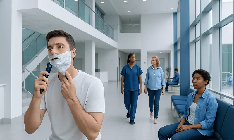 Hospital waiting area with patients and staff at Acibadem Hospitals Group.