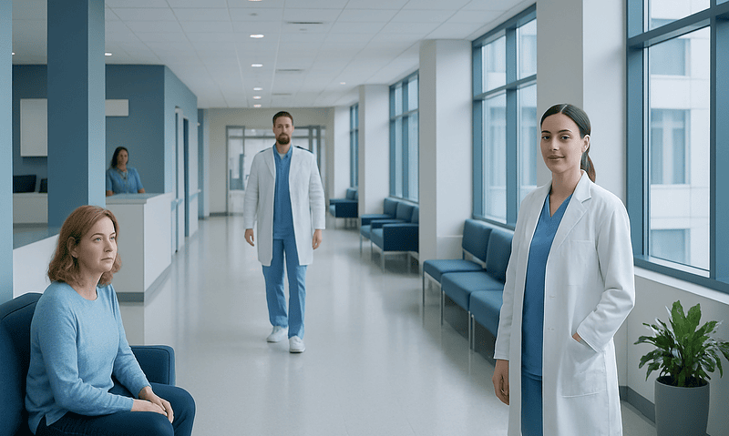 Healthcare professionals and patient in a modern hospital corridor.