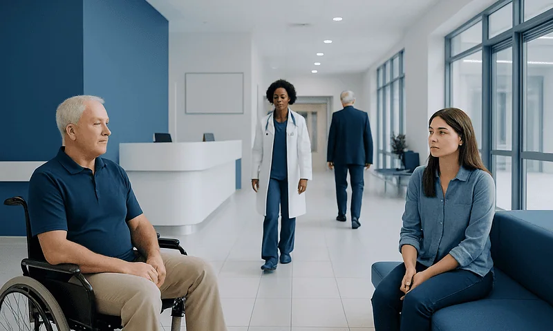 Patient in wheelchair and young woman in consultation at hospital.