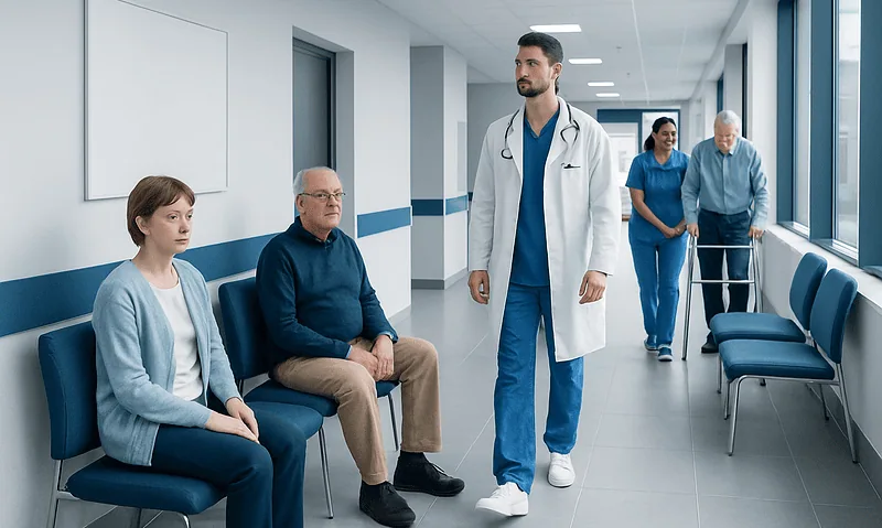Medical consultation in hospital corridor with doctor and patients.