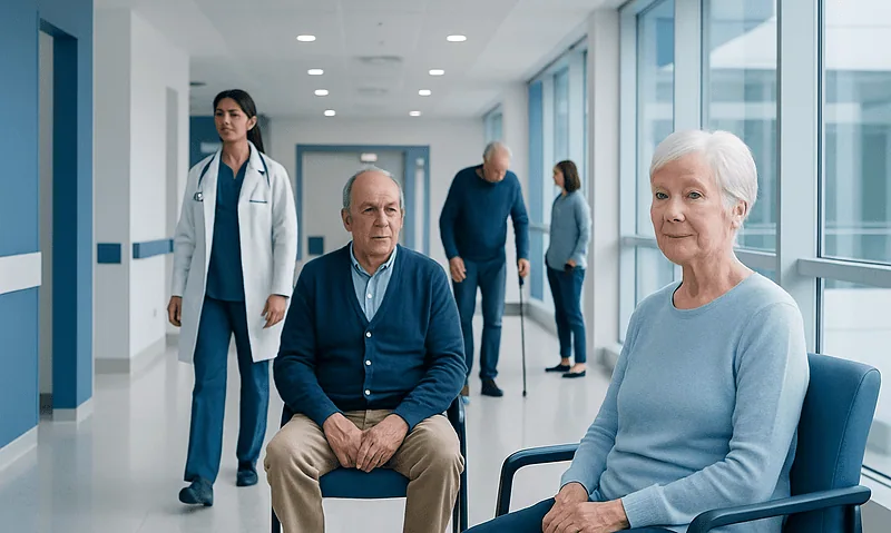 Elderly patients waiting in a hospital corridor with medical staff nearby.