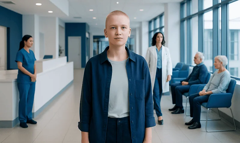 Young patient in hospital waiting area at Acibadem Hospitals Group.