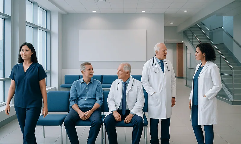 Medical team consulting with patient in hospital waiting area.