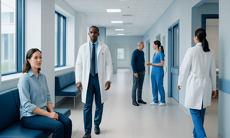 Medical professionals and patients in a modern hospital corridor.