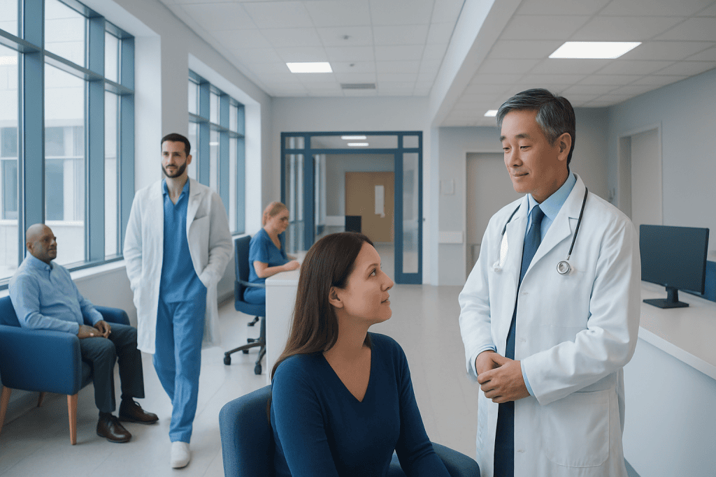 Ahcc Supplement: What the Clinical Research Actually Says 1 Doctor consulting a patient in a modern hospital corridor with staff in the background.