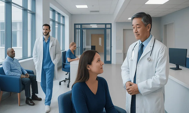 Doctor consulting a patient in a modern hospital corridor with staff in the background.
