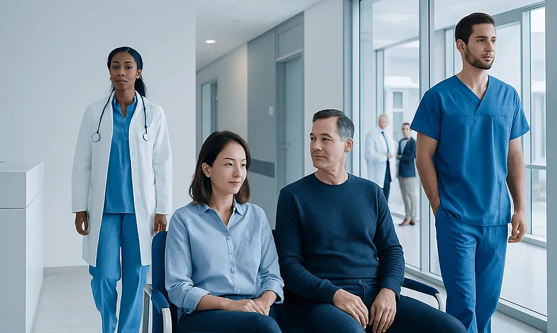 Medical team and patient in hospital corridor with large windows.