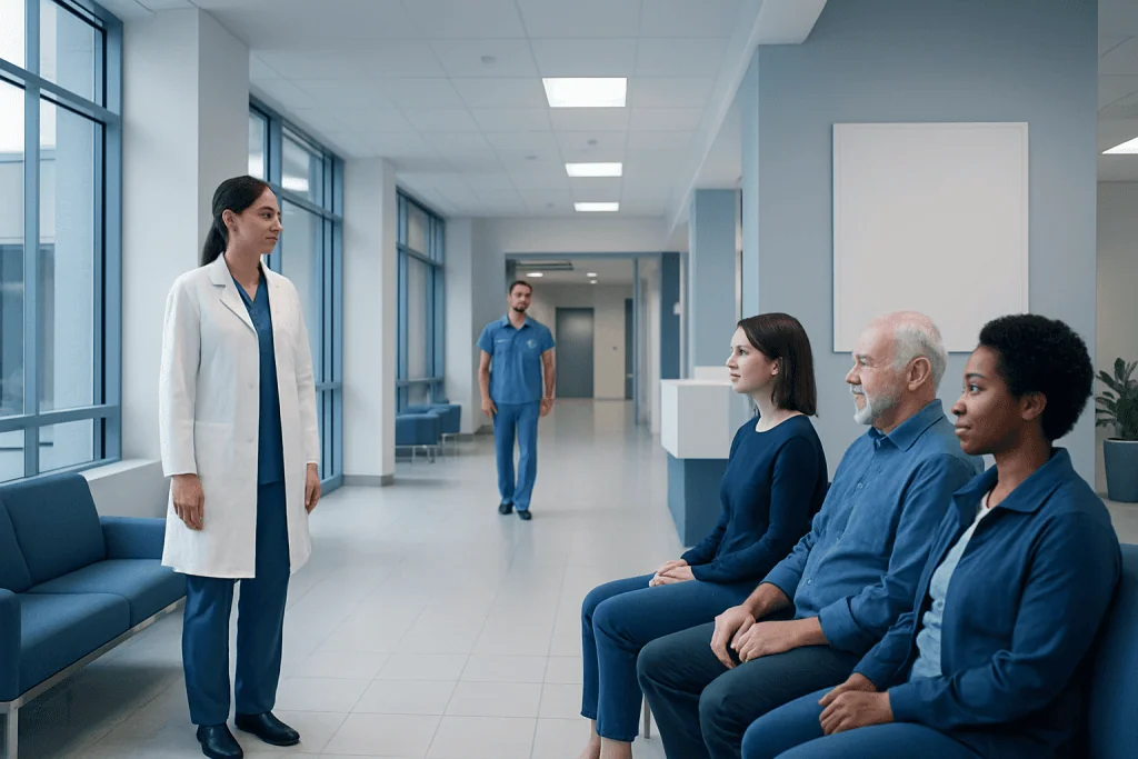 Airsupra Dosing: What Patients Need to Know 1 Doctor speaking to patients in hospital corridor at Acibadem Hospitals Group.