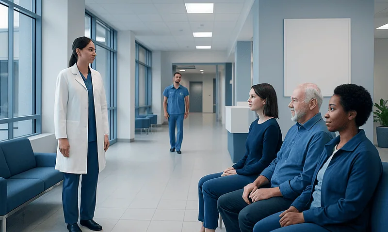 Doctor speaking to patients in hospital corridor at Acibadem Hospitals Group.