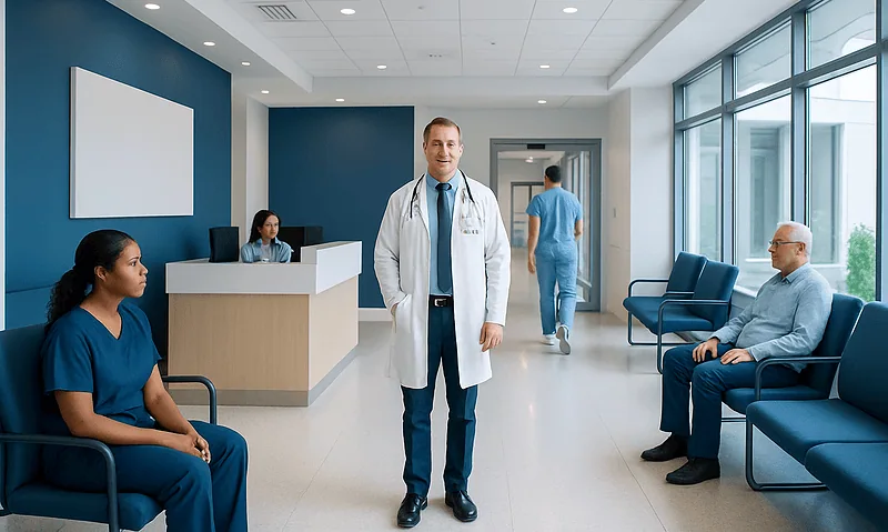 Medical professionals and patients in a modern hospital waiting area.