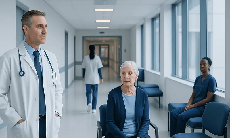 Medical professionals and patient in hospital corridor at Acibadem Hospitals Group.