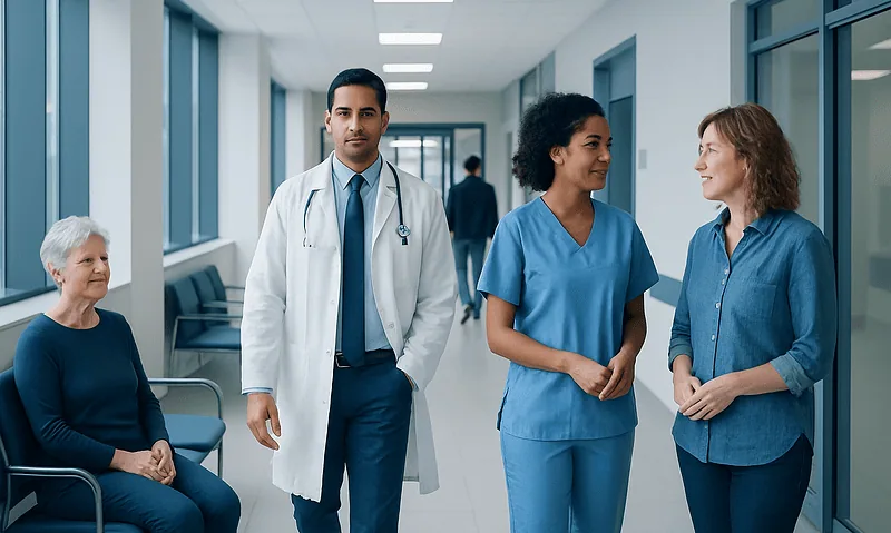 Healthcare professionals and patient in hospital corridor at Acibadem Hospitals Group.