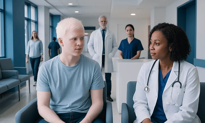 Young patient with albinism consulting a doctor in hospital.