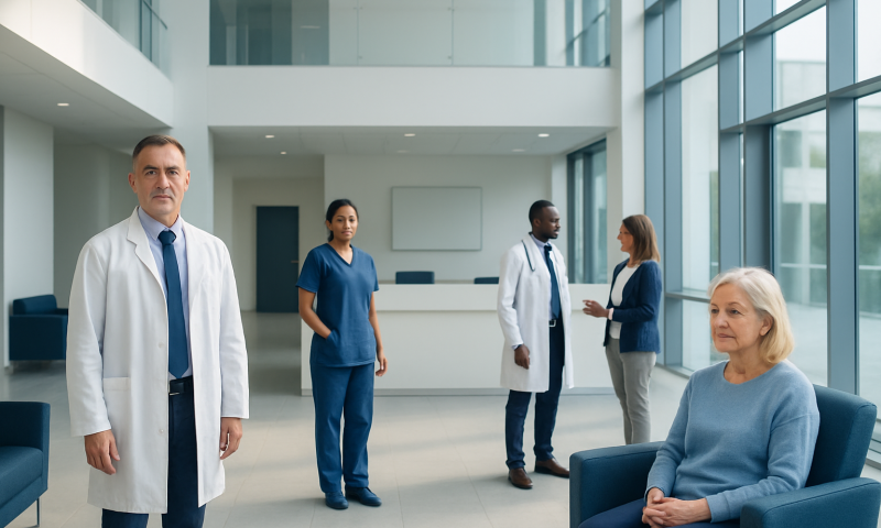 Medical team and patient in modern hospital lobby for Albumin treatment.