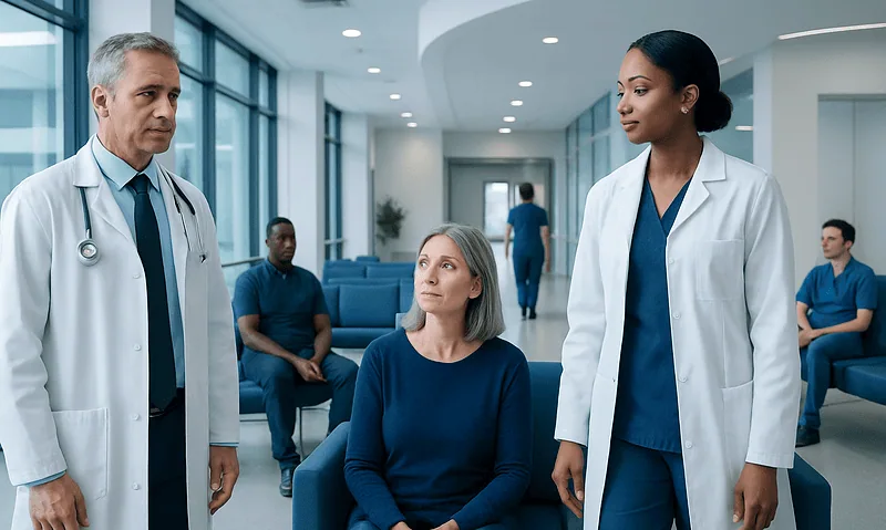 Medical consultation in hospital with doctors and patient.