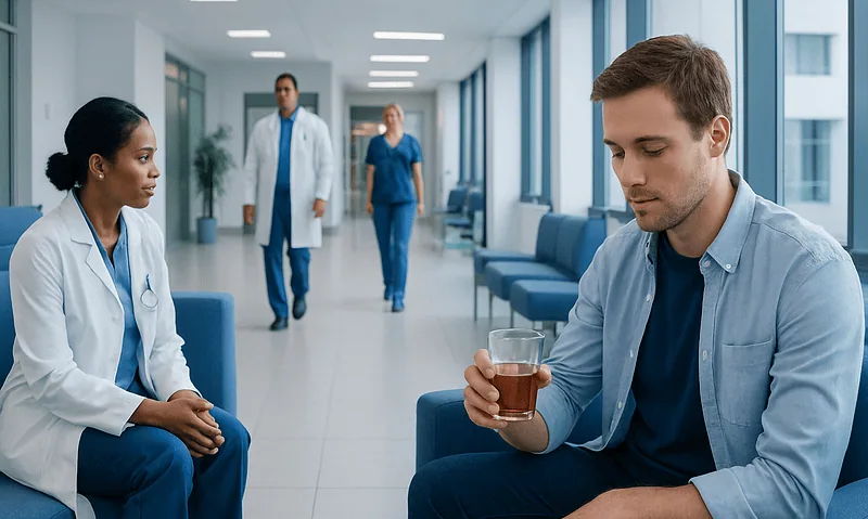 Young man drinking alcohol in hospital corridor during medical consultation.