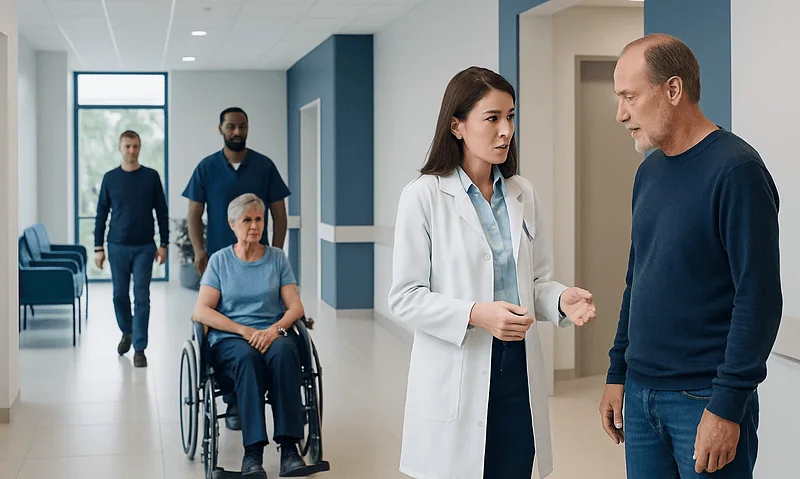 Medical staff discussing patient care in hospital corridor with elderly patient in wheelchair.