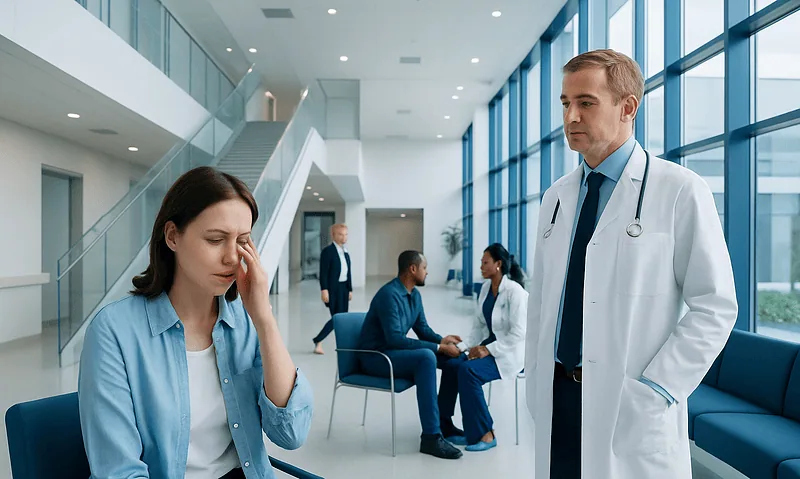 Patient experiencing discomfort in a hospital waiting area.