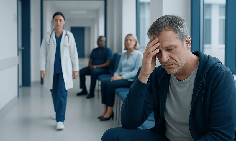 Man experiencing distress in a hospital corridor with medical staff in background.