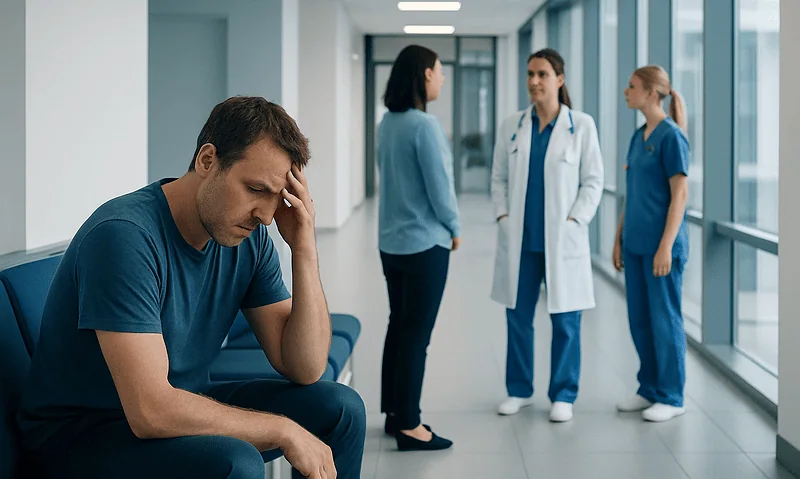Man experiencing distress in hospital corridor with medical staff nearby.