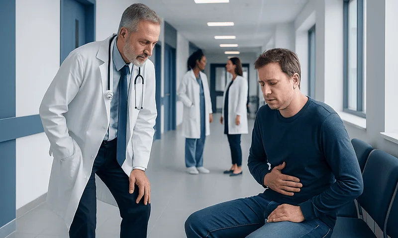 Doctor examining a patient with stomach pain in hospital corridor.