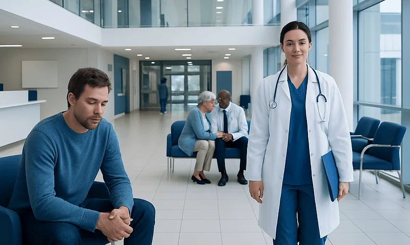 Medical consultation in a modern hospital with a doctor and patients.