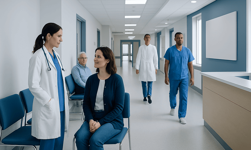 Healthcare professionals and patient in hospital corridor at Acibadem Hospitals Group.