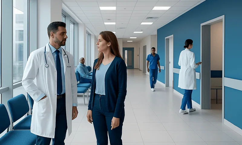 Doctors and nurses in a hospital corridor engaging in conversation.