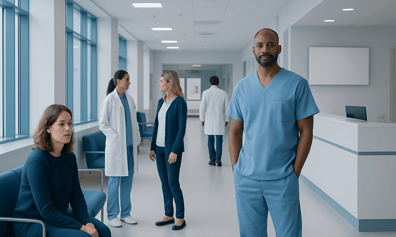 Medical team in hospital corridor with doctor in blue scrubs.