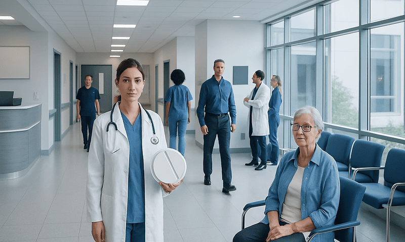 Healthcare professionals and patients in a modern hospital corridor.
